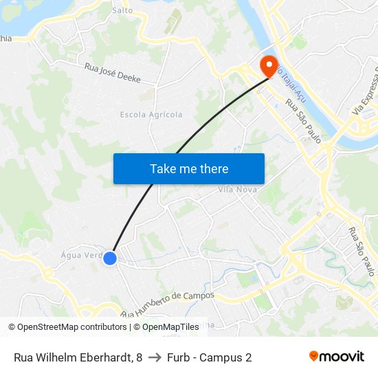 Rua Wilhelm Eberhardt, 8 to Furb - Campus 2 map