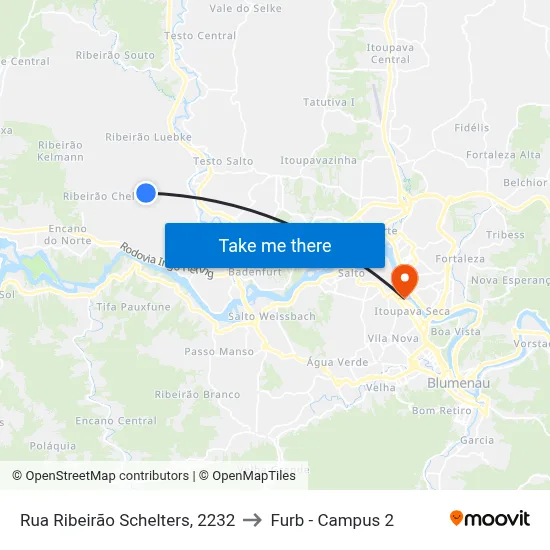 Rua Ribeirão Schelters, 2232 to Furb - Campus 2 map