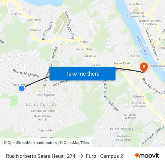 Rua Norberto Seara Heusi, 274 to Furb - Campus 2 map