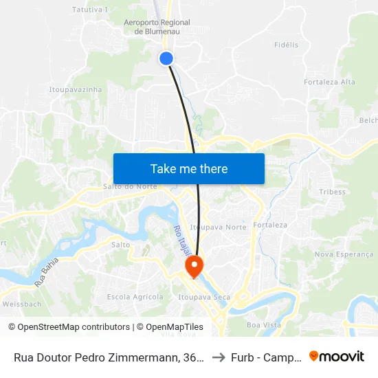 Rua Doutor Pedro Zimmermann, 3627-3691 to Furb - Campus 2 map