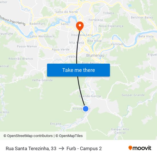 Rua Santa Terezinha, 33 to Furb - Campus 2 map