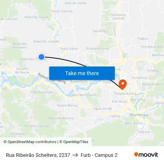 Rua Ribeirão Schelters, 2237 to Furb - Campus 2 map