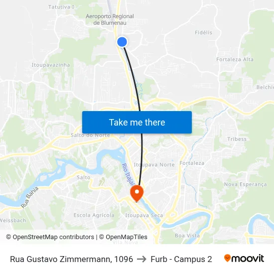 Rua Gustavo Zimmermann, 1096 to Furb - Campus 2 map