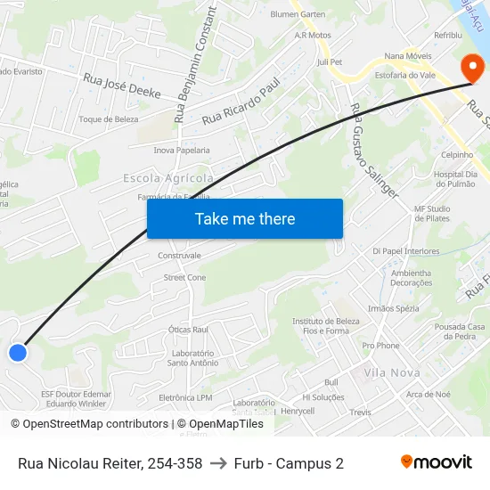 Rua Nicolau Reiter, 254-358 to Furb - Campus 2 map
