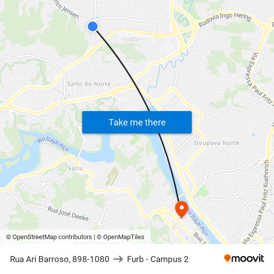 Rua Ari Barroso, 898-1080 to Furb - Campus 2 map