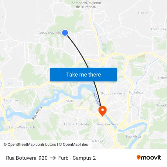 Rua Botuvera, 920 to Furb - Campus 2 map