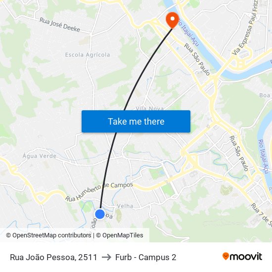 Rua João Pessoa, 2511 to Furb - Campus 2 map