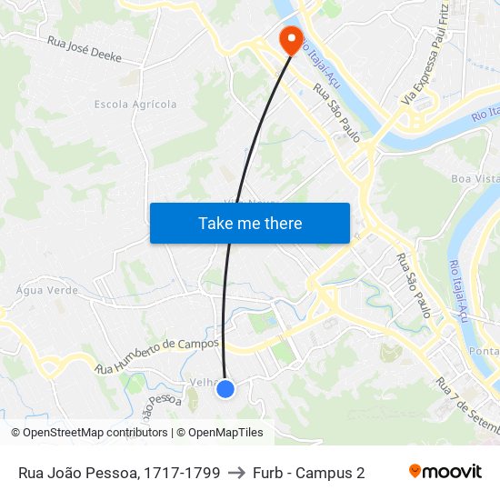 Rua João Pessoa, 1717-1799 to Furb - Campus 2 map