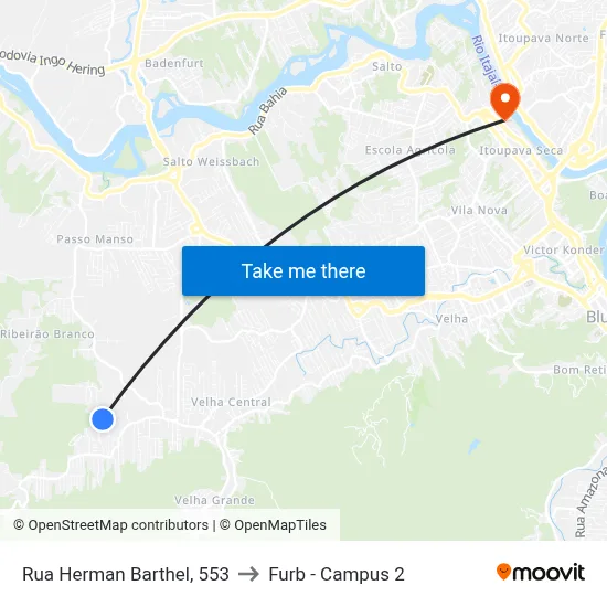 Rua Herman Barthel, 553 to Furb - Campus 2 map