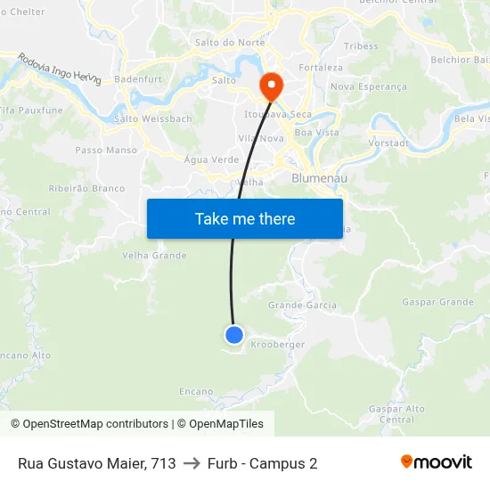 Rua Gustavo Maier, 713 to Furb - Campus 2 map