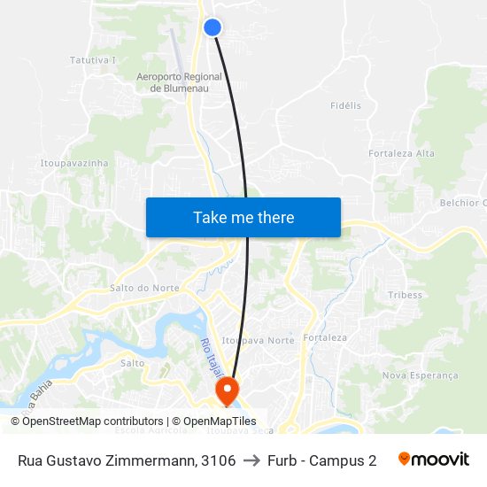 Rua Gustavo Zimmermann, 3106 to Furb - Campus 2 map