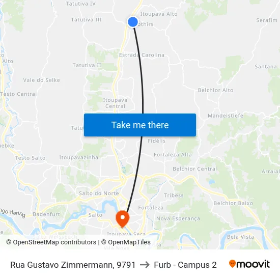 Rua Gustavo Zimmermann, 9791 to Furb - Campus 2 map