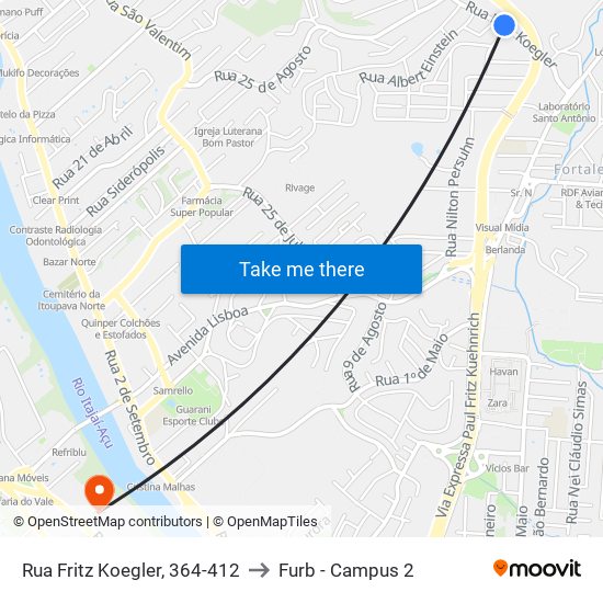 Rua Fritz Koegler, 364-412 to Furb - Campus 2 map