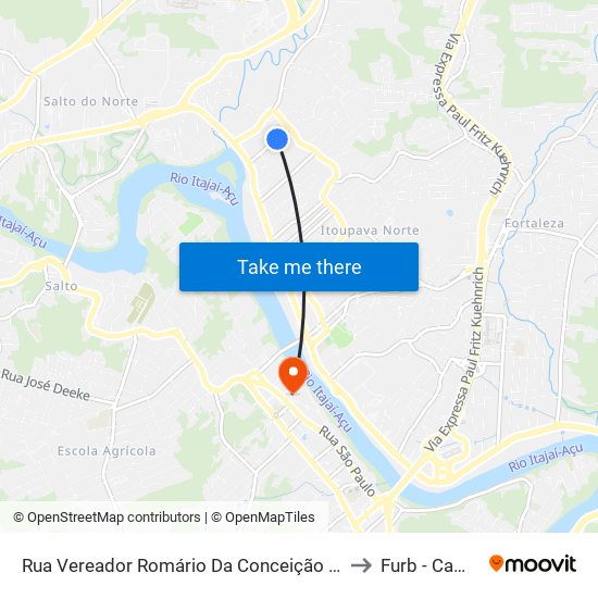 Rua Vereador Romário Da Conceição Badia, 218-316 to Furb - Campus 2 map