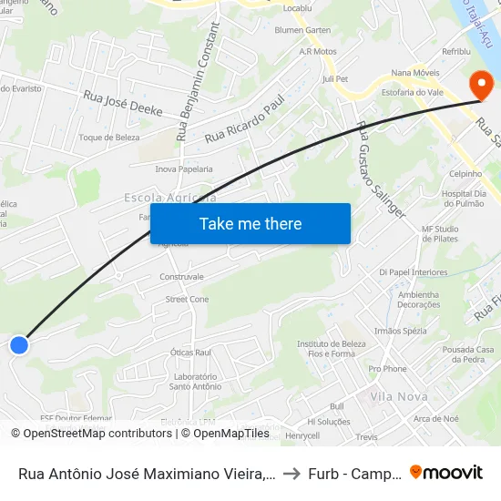 Rua Antônio José Maximiano Vieira, 118-278 to Furb - Campus 2 map