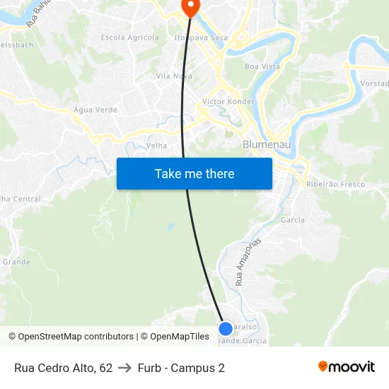 Rua Cedro Alto, 62 to Furb - Campus 2 map