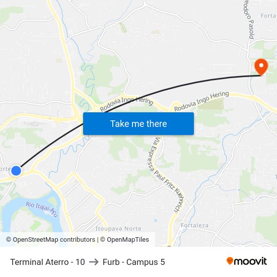 Terminal Aterro - 10 to Furb - Campus 5 map