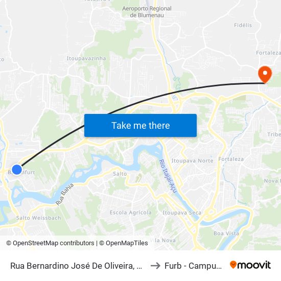 Rua Bernardino José De Oliveira, 115 to Furb - Campus 5 map