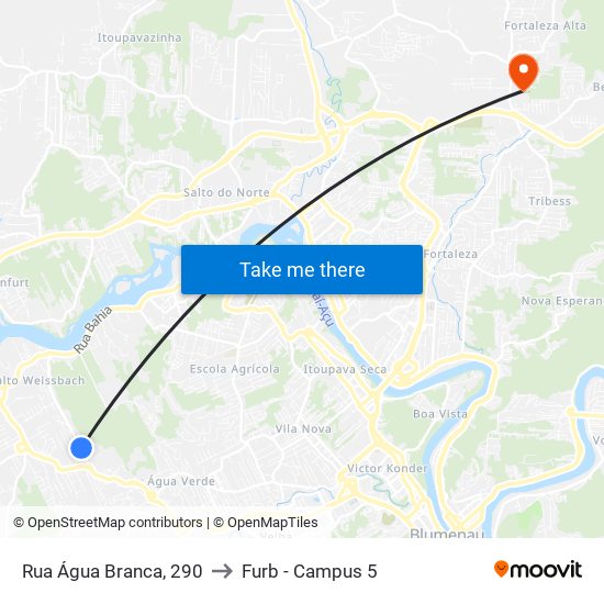 Rua Água Branca, 290 to Furb - Campus 5 map