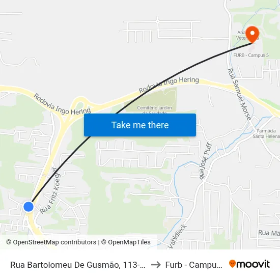 Rua Bartolomeu De Gusmão, 113-175 to Furb - Campus 5 map