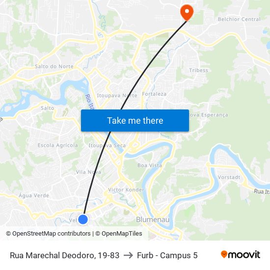 Rua Marechal Deodoro, 19-83 to Furb - Campus 5 map