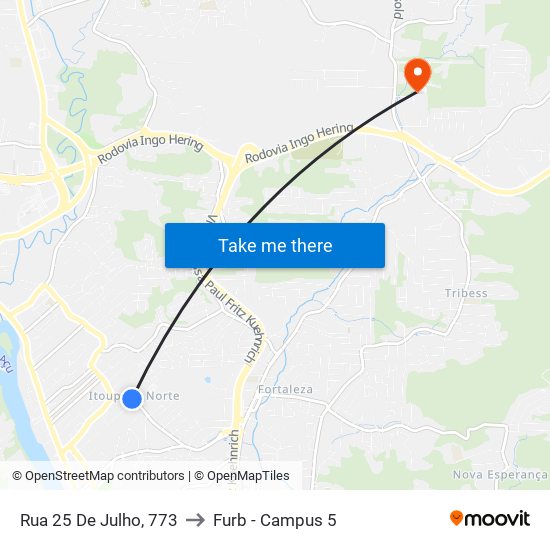 Rua 25 De Julho, 773 to Furb - Campus 5 map