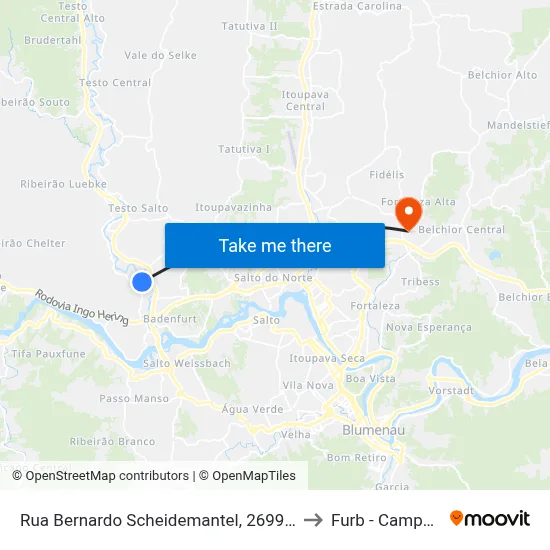 Rua Bernardo Scheidemantel, 2699-2895 to Furb - Campus 5 map