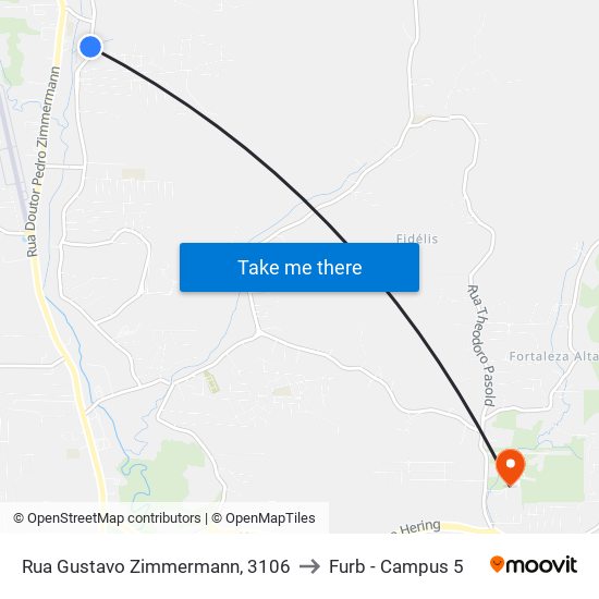 Rua Gustavo Zimmermann, 3106 to Furb - Campus 5 map