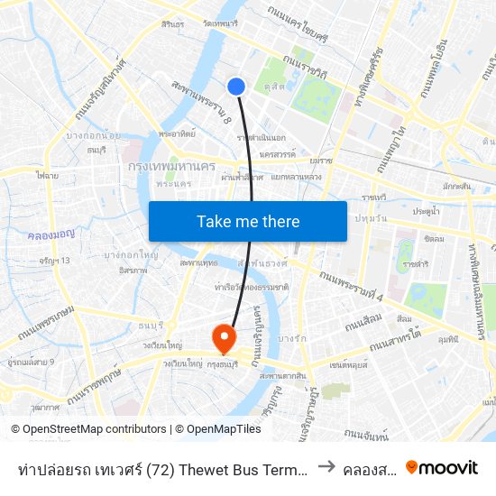 ท่าปล่อยรถ เทเวศร์ (72) Thewet Bus Terminal (72) to คลองสาน map