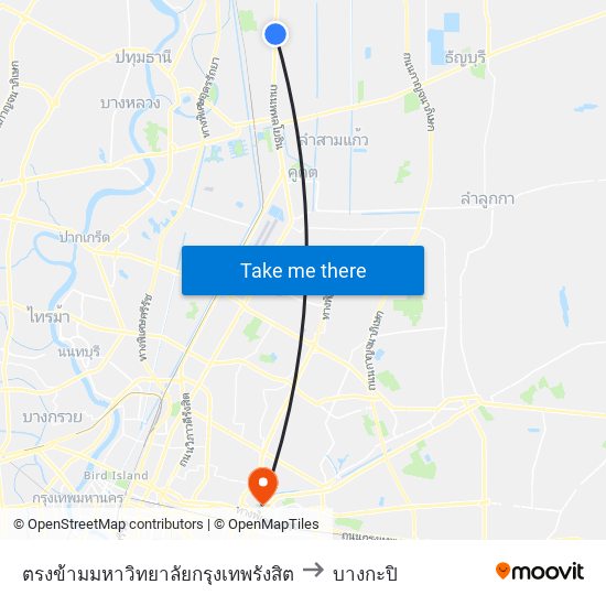 ตรงข้ามมหาวิทยาลัยกรุงเทพรังสิต to บางกะปิ map