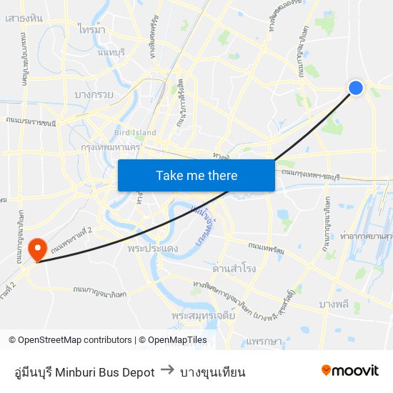 อู่มีนบุรี Minburi Bus Depot to บางขุนเทียน map