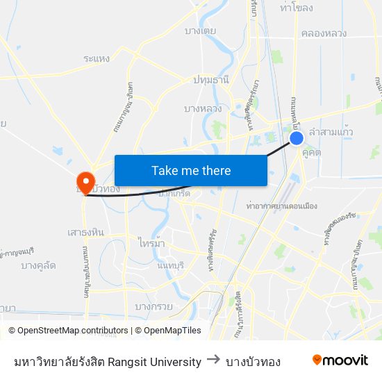 มหาวิทยาลัยรังสิต Rangsit University to บางบัวทอง map