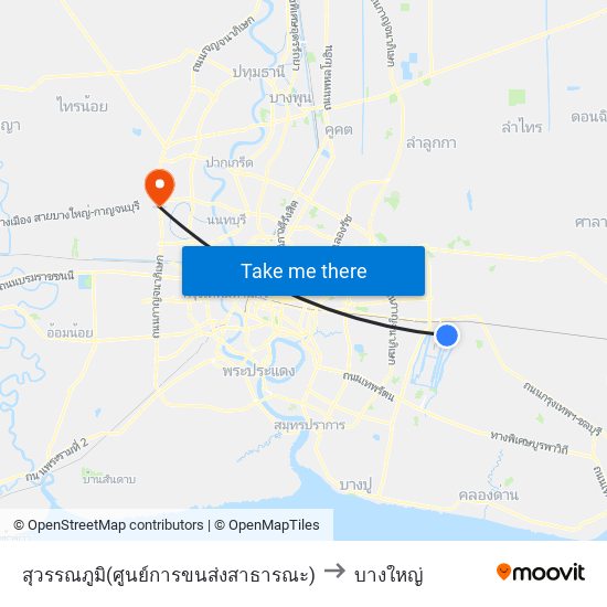 สุวรรณภูมิ(ศูนย์การขนส่งสาธารณะ) to บางใหญ่ map