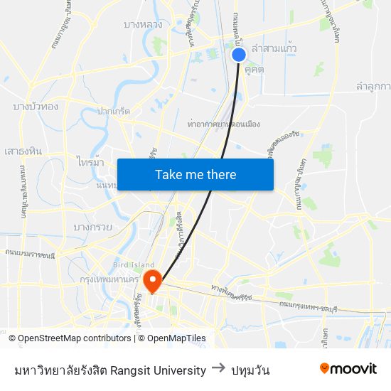 มหาวิทยาลัยรังสิต Rangsit University to ปทุมวัน map