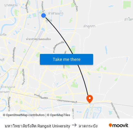 มหาวิทยาลัยรังสิต Rangsit University to ลาดกระบัง map