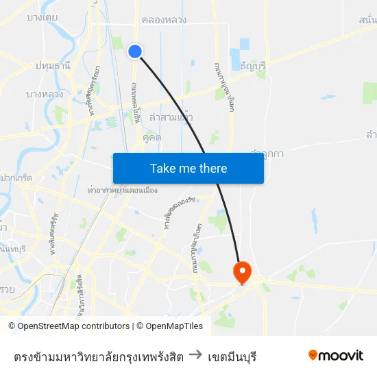 ตรงข้ามมหาวิทยาลัยกรุงเทพรังสิต to เขตมีนบุรี map