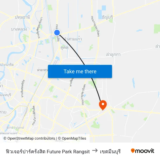 ฟิวเจอร์ปาร์ครังสิต Future Park Rangsit to เขตมีนบุรี map