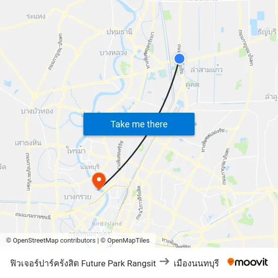 ฟิวเจอร์ปาร์ครังสิต Future Park Rangsit to เมืองนนทบุรี map