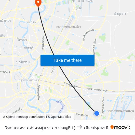 วิทยาเขตรามคำแหง(ม.รามฯ ประตูที่ 1) to เมืองปทุมธานี map