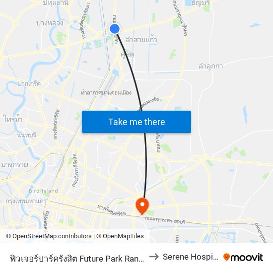 ฟิวเจอร์ปาร์ครังสิต Future Park Rangsit to Serene Hospital map