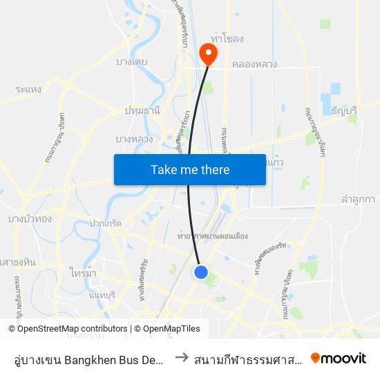 อู่บางเขน Bangkhen Bus Depot to สนามกีฬาธรรมศาสตร์ map