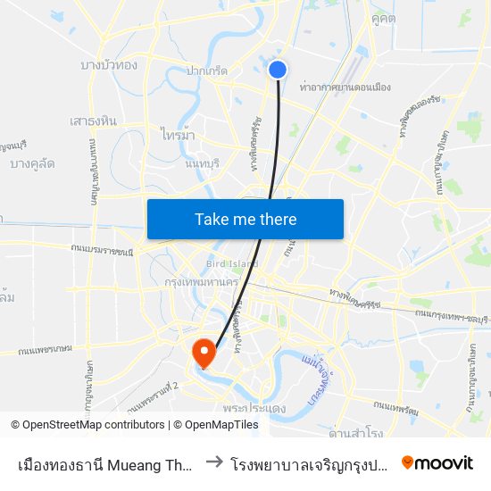 เมืองทองธานี Mueang Thong Thani to โรงพยาบาลเจริญกรุงประชารักษ์ map