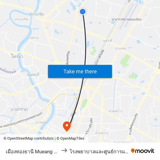 เมืองทองธานี Mueang Thong Thani to โรงพยาบาลและศูนย์การแพทย์วิชัยยุทธ map