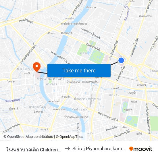 โรงพยาบาลเด็ก Children's Hospital to Siriraj Piyamaharajkarun Hospital map