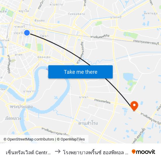 เซ็นทรัลเวิลด์ Central World to โรงพยาบาลพริ้นซ์ ฮอสพิทอล สุวรรณภูมิ map