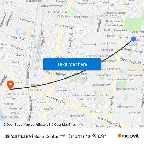 สยามเซ็นเตอร์ Siam Center to โรงพยาบาลเทียนฟ้า map