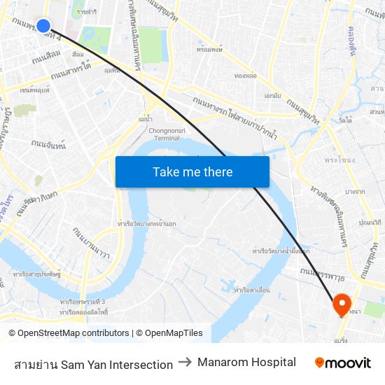 สามย่าน Sam Yan Intersection to Manarom Hospital map