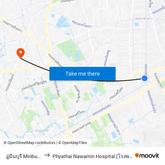 อู่มีนบุรี Minburi Bus Depot to Phyathai Nawamin Hospital (โรงพยาบาลพญาไท นวมินทร์) map