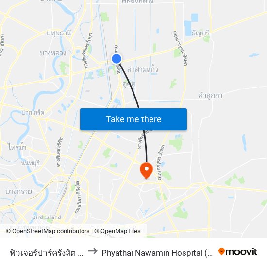 ฟิวเจอร์ปาร์ครังสิต Future Park Rangsit to Phyathai Nawamin Hospital (โรงพยาบาลพญาไท นวมินทร์) map