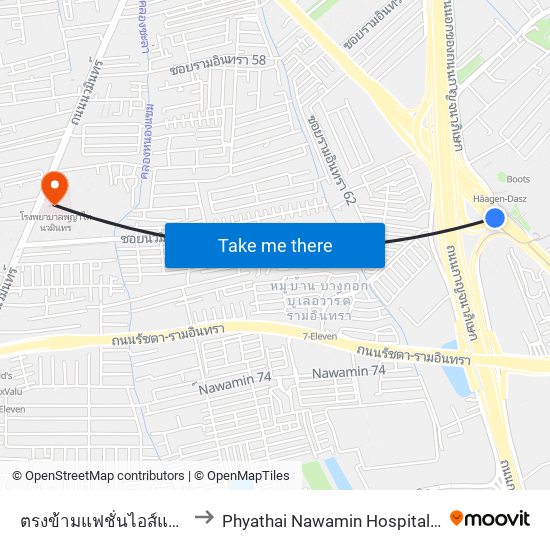 ตรงข้ามแฟชั่นไอส์แลนด์ Opp Fashion Island to Phyathai Nawamin Hospital (โรงพยาบาลพญาไท นวมินทร์) map